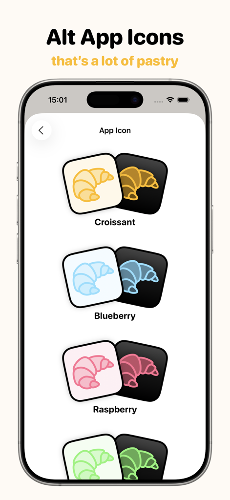 Croissant - Cross-Posting - A selection of colorful alternative app icons for the Croissant cross-posting app on iPhone