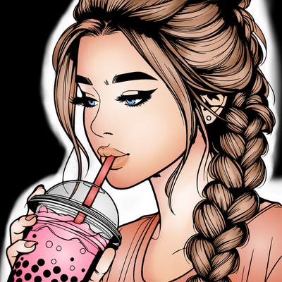 realistic girl drinking boba tea with braided hair