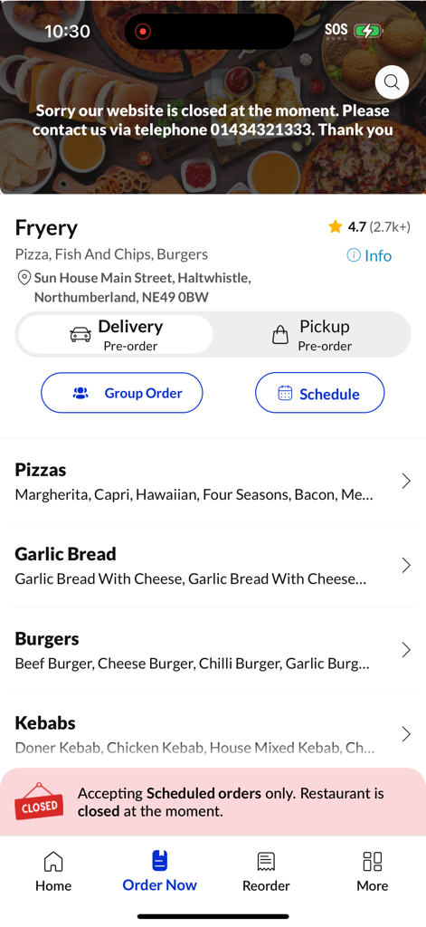 Fryery Haltwhistle. - A screenshot of the Fryery Haltwhistle mobile app menu interface showing categories for pizzas, burgers, and kebabs with options for delivery and pickup.