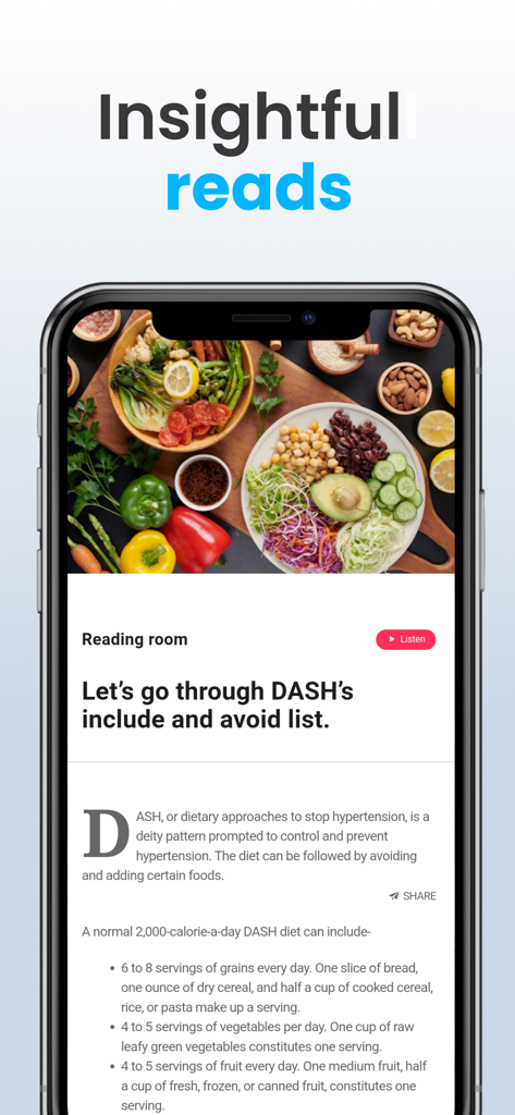 Educational article in the DASH Diet app providing heart healthy food recommendations.