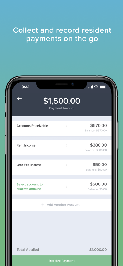 Buildium app interface for collecting and recording resident payments on the go