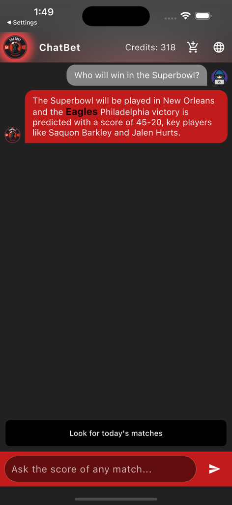 ChatBet app interface featuring a conversation about sports predictions with AI