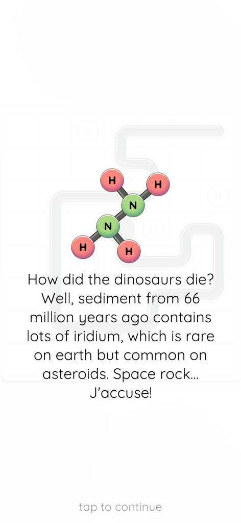 Sokobond Express - Una pantalla minimalista de Sokobond Express que muestra una estructura molecular con trivialidades científicas sobre dinosaurios e iridio.