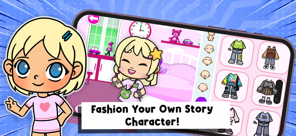 PlayWorld: Create Your Story - Character customization screen in PlayWorld showing various outfits and facial expressions