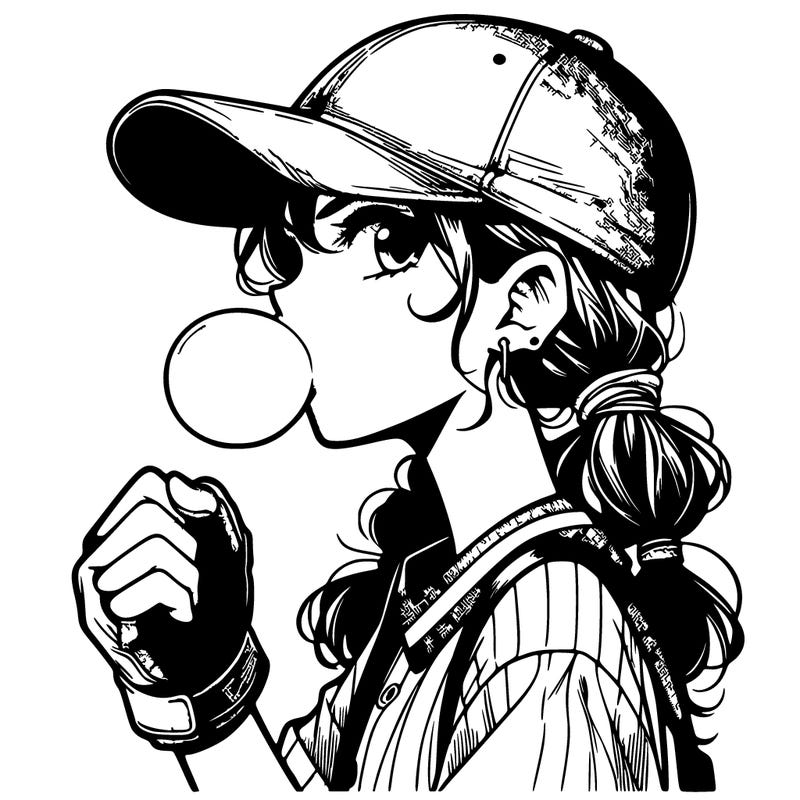 1 detailed manga girl from head to toe wearing a baseball cap blowing bubble gum and wearing a baseball glove while she's putting her fist into the glove