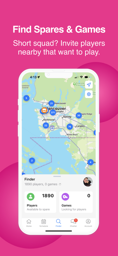BenchApp - Sports Team Manager - BenchApp finder feature showing a map to locate available spare players and sports games nearby.