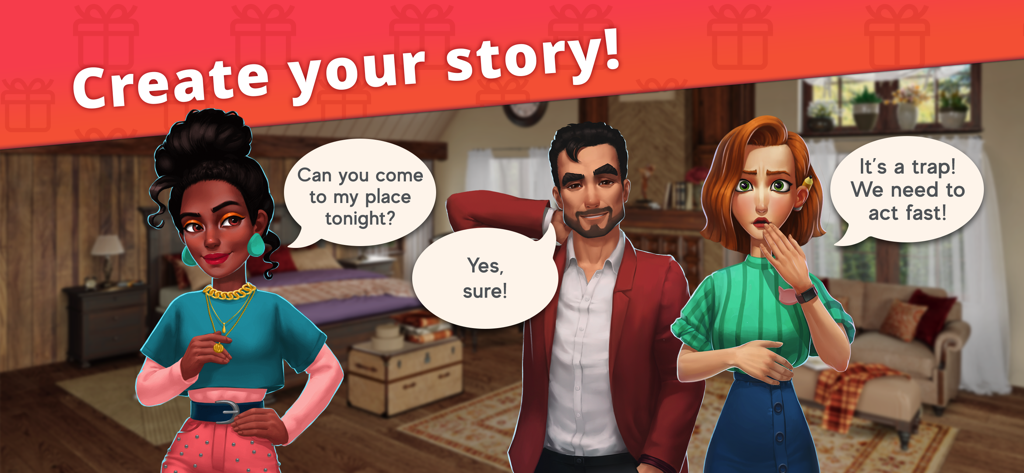 Interior Story:Decorating Home - Characters with dialogue speech bubbles in Interior Story decorating game