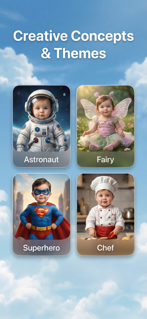 A screen displaying creative baby themes including astronaut fairy superhero and chef