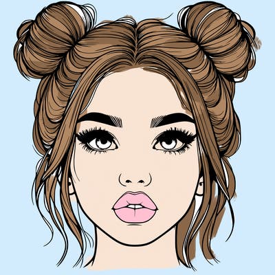 realistic girl with two buns on her hair and lips