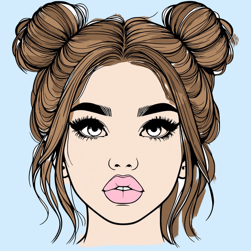 realistic girl with two buns on her hair and lips