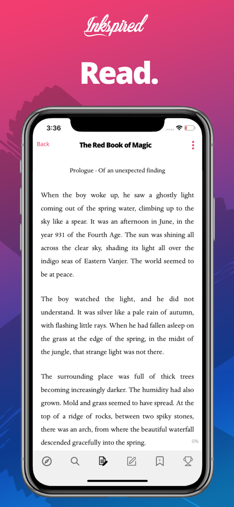 Inkspired - Schermata di uno smartphone che mostra una storia fantasy sull'interfaccia dell'app mobile Inkspired