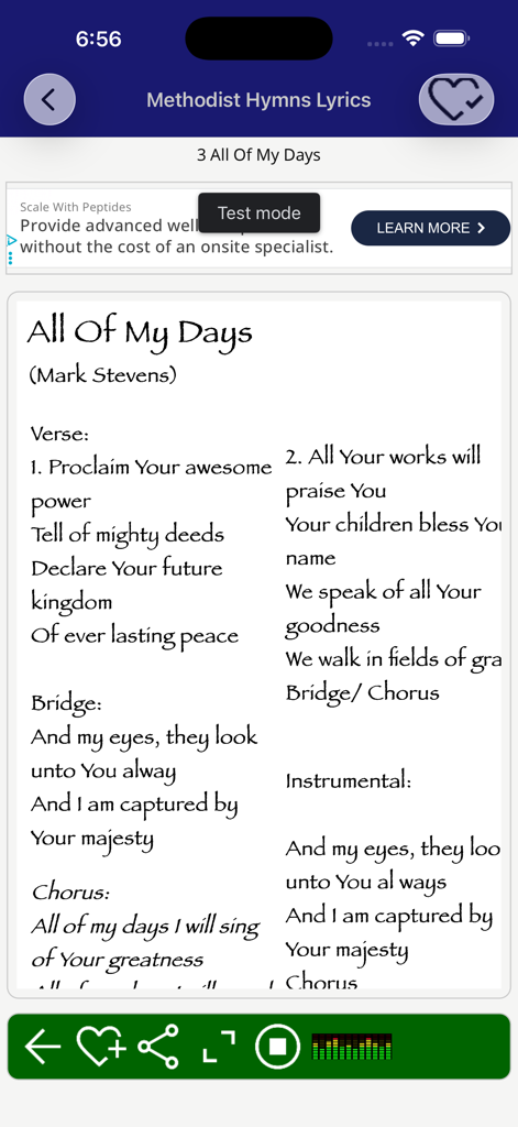 A screen from the Methodist Hymn Lyrics app showing lyrics for All Of My Days.