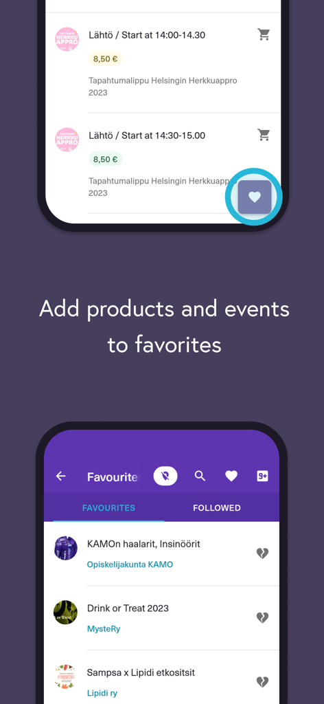 Mobile app interface showing event tickets and a favorites list for student events and products