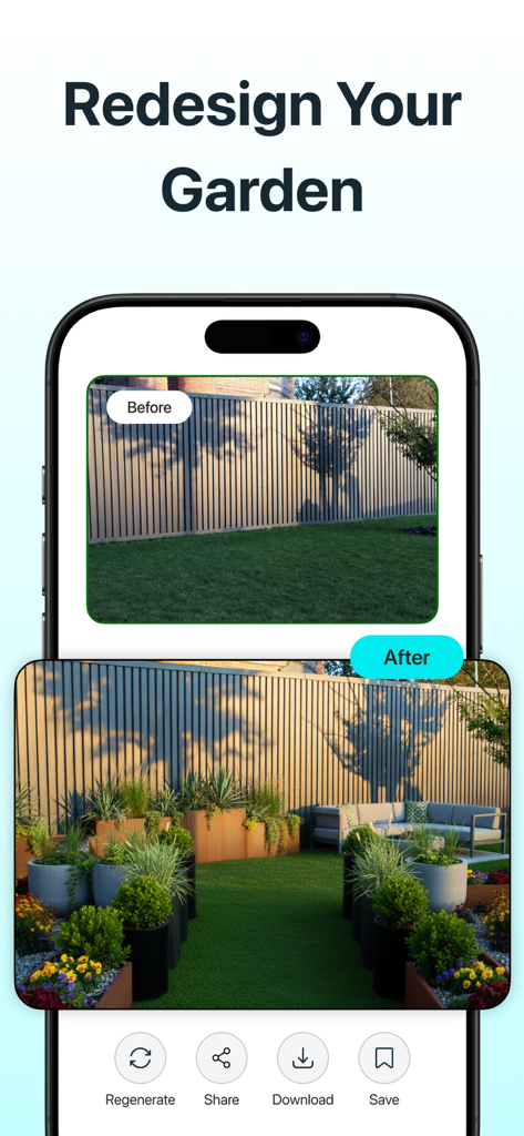 AI Home & Room Interior Design - Vorher-Nachher-Vergleich einer Gartengestaltung mit einer KI-Innenarchitektur-App