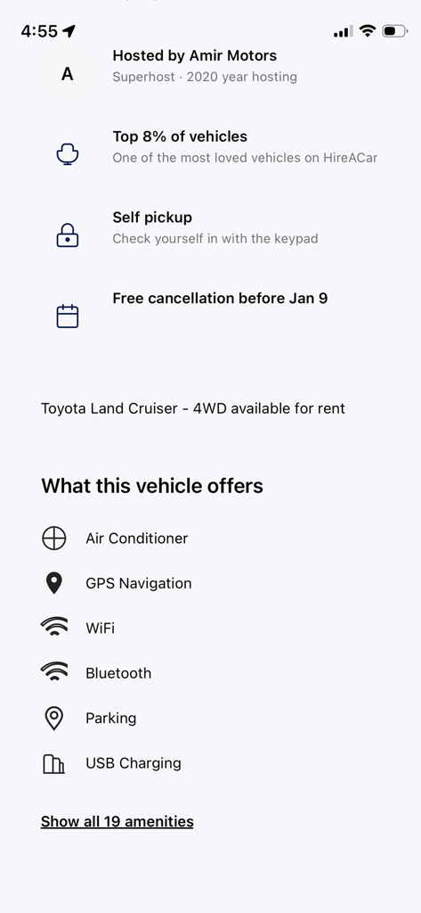 Hire A Car - GPS 및 에어컨과 같은 렌탈 차량 기능 및 편의 시설을 보여주는 Hire A Car 앱 화면