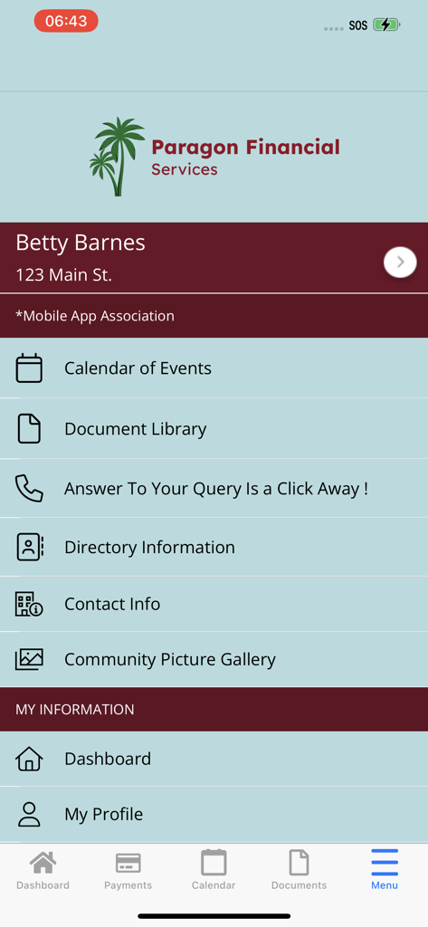 Interface do aplicativo móvel Paragon FS mostrando recursos de gerenciamento da HOA e menu principal