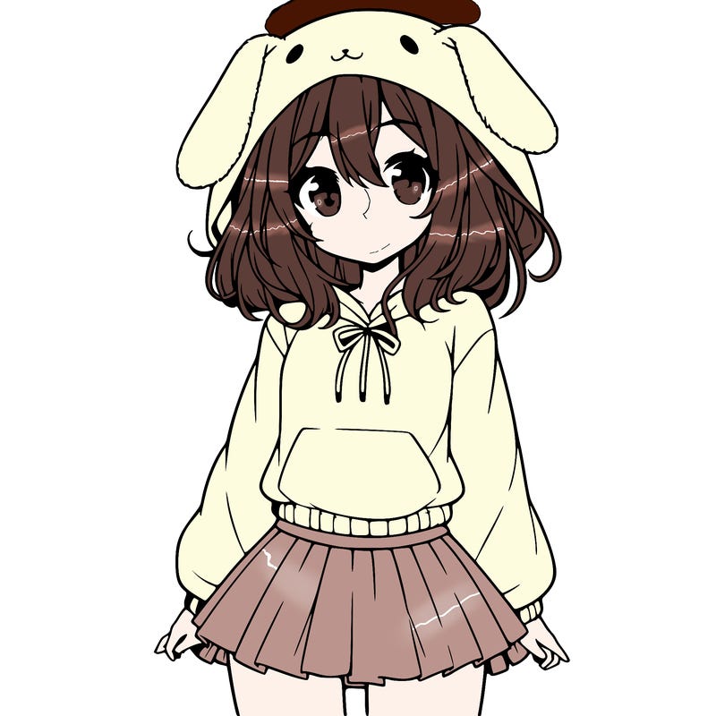 pretty anime girl wearing a fluffy hoodie with bunny ears on the hood and a skirt