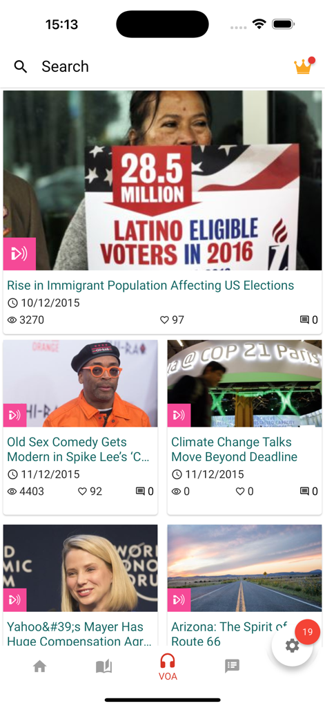 Learn English Listening: 6mins - Search screen of the Learn English Listening app showing news-based lessons and VOA content for language learners