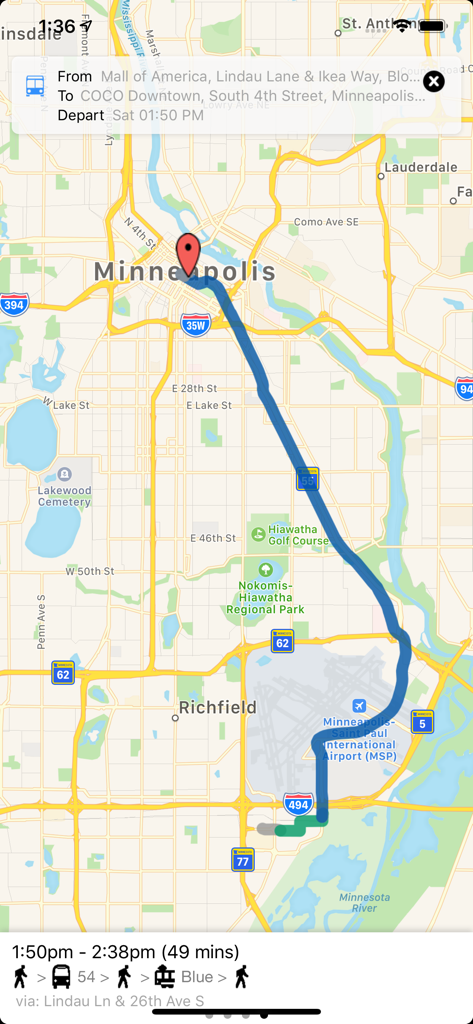 A map in the Transit Tracker app displaying a transit route from Mall of America to Minneapolis with bus and train connections.