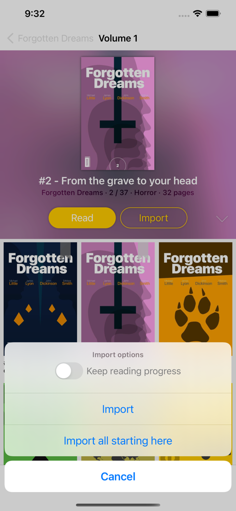 YACReader app displaying comic collection and file import options menu