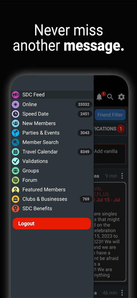 SDC Adult Dating app interface displaying a navigation menu with options like travel calendar and events