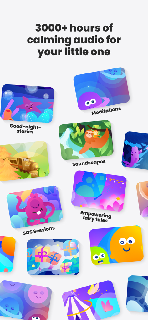 Aumio app screen showing various audio categories for children including good night stories meditations and soundscapes