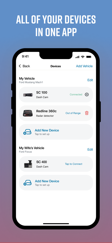 Drive Smarter app dashboard for managing dash cams and radar detectors for multiple vehicles