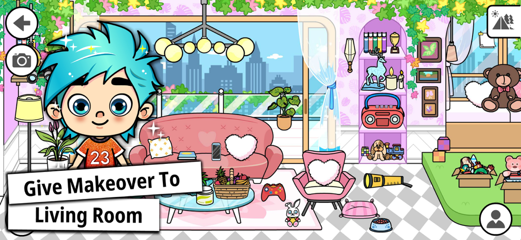 Tizi My Dream Home Design Game - Cartoon living room design interface in Tizi My Dream Home Design Game with a blue haired avatar