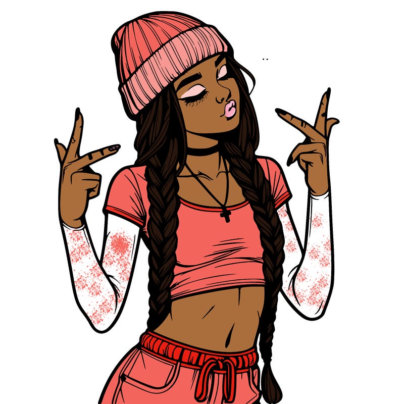 realistic teenage girl with braids and a beanie and crop top doing 🫶🏼