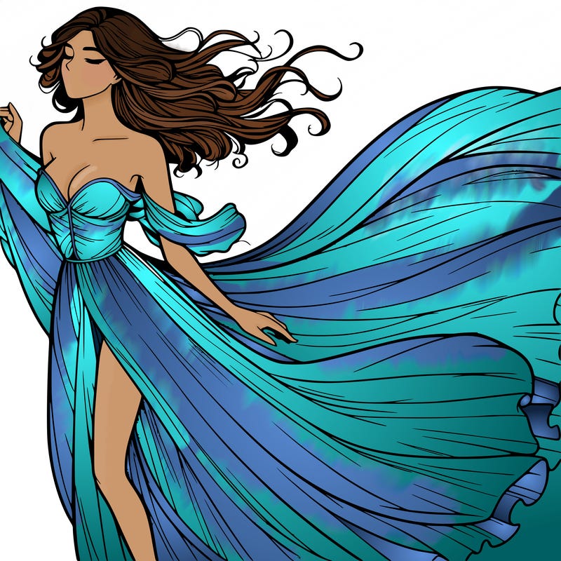 realistic woman in dress flowing the the wind