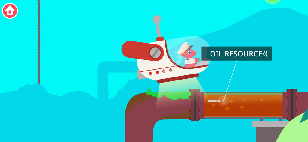 Dinosaur Submarine for toddler - A pink dinosaur pilot in a submarine exploring an underwater oil resource pipe in an educational toddler game