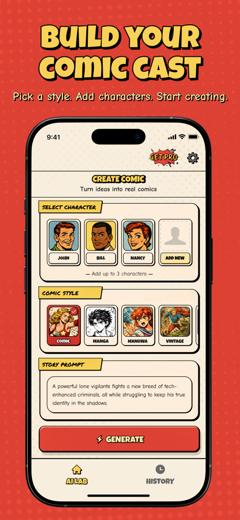 Comix AI: Photo to Comics - 캐릭터를 선택하고 만화 스타일을 고르는 Comix AI의 모바일 앱 인터페이스