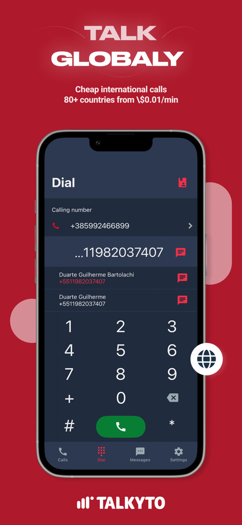 Talkyto app dial pad interface for cheap international Twilio calls