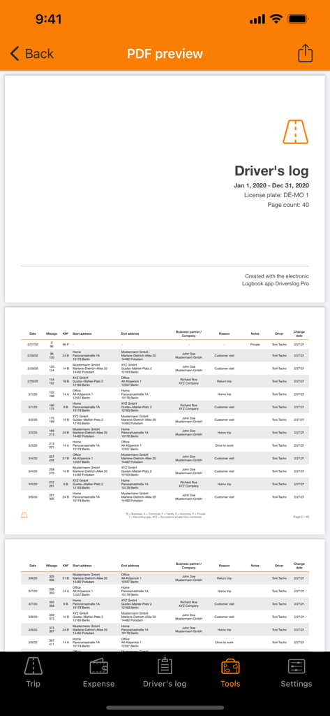 Driverslog Pro 2 - A professional PDF preview of a detailed business mileage logbook showing trip records and addresses