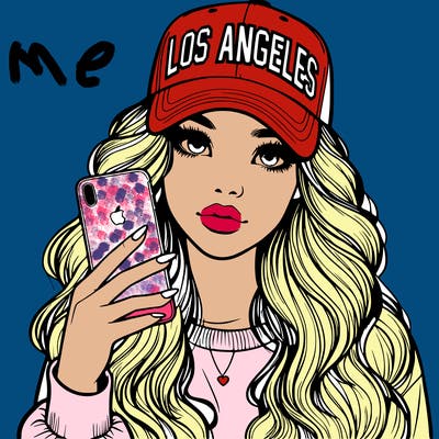 realistic beautiful girl wearing los ángeles cap holding an iphone