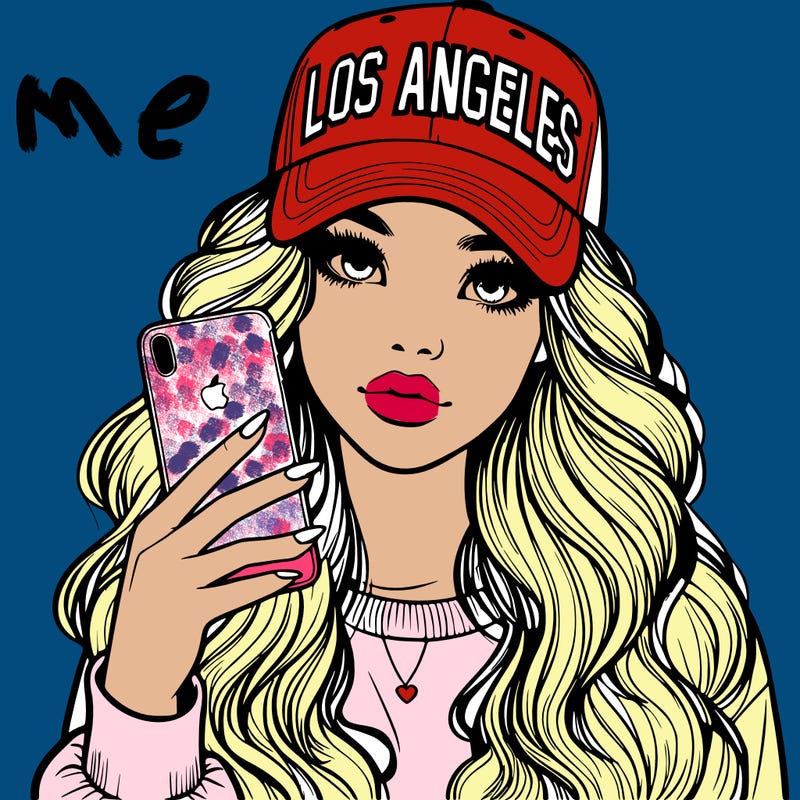 realistic beautiful girl wearing los ángeles cap holding an iphone