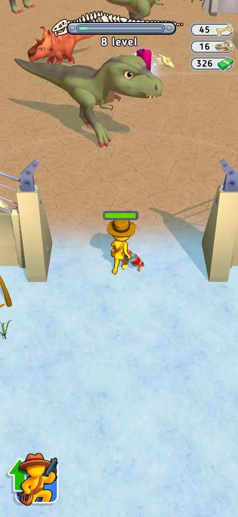 Dino Fighter: Jurassic Escape - A yellow character facing a large green T-Rex in a fenced enclosure in Dino Fighter Jurassic Escape.