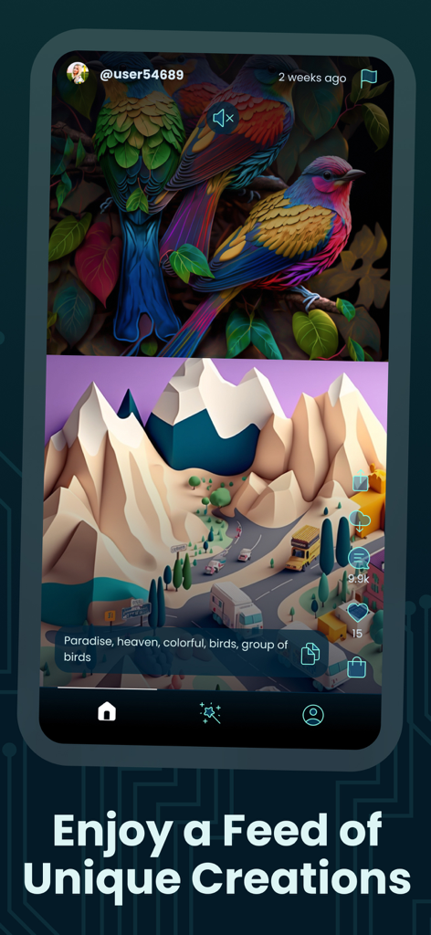 Tela do aplicativo móvel GenZArt mostrando um feed social de arte IA criada pela comunidade