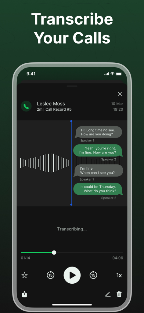 Interfaccia di un'app mobile che mostra una registrazione di una chiamata telefonica convertita automaticamente in una trascrizione testuale tra due oratori.