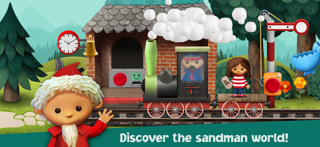 Unser Sandmännchen - Die Sandmännchen-Figur winkt neben einer bunten Dampflok in einer digitalen Spielwelt