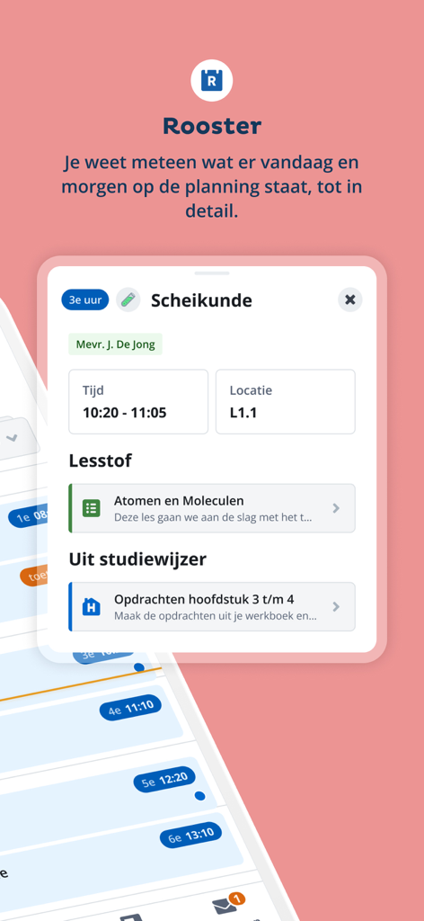 Detail view of a student schedule in the Somtoday app displaying class time teacher and lesson materials