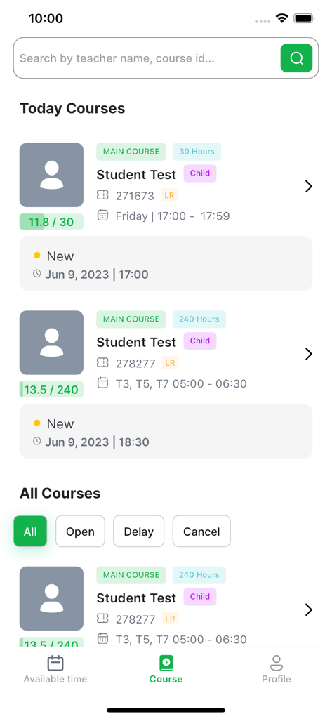 Antoree Teacher - Interface of the Antoree Teacher app displaying a schedule of current and upcoming teaching courses