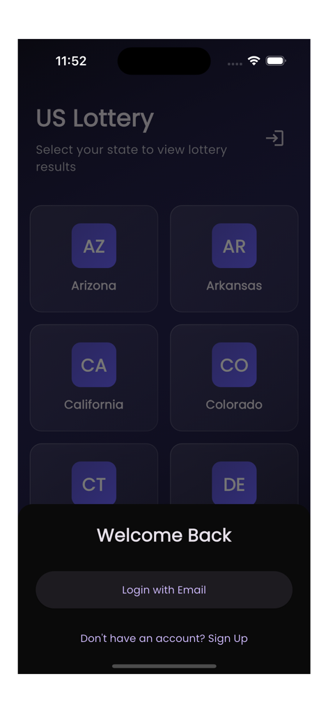 Lotto Result - Pantalla de la aplicación Lotto Result que muestra la selección de estado de EE. UU. y una ventana emergente de inicio de sesión de bienvenida.