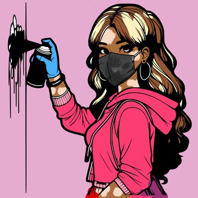 realistic girl with mask spray painting a wall