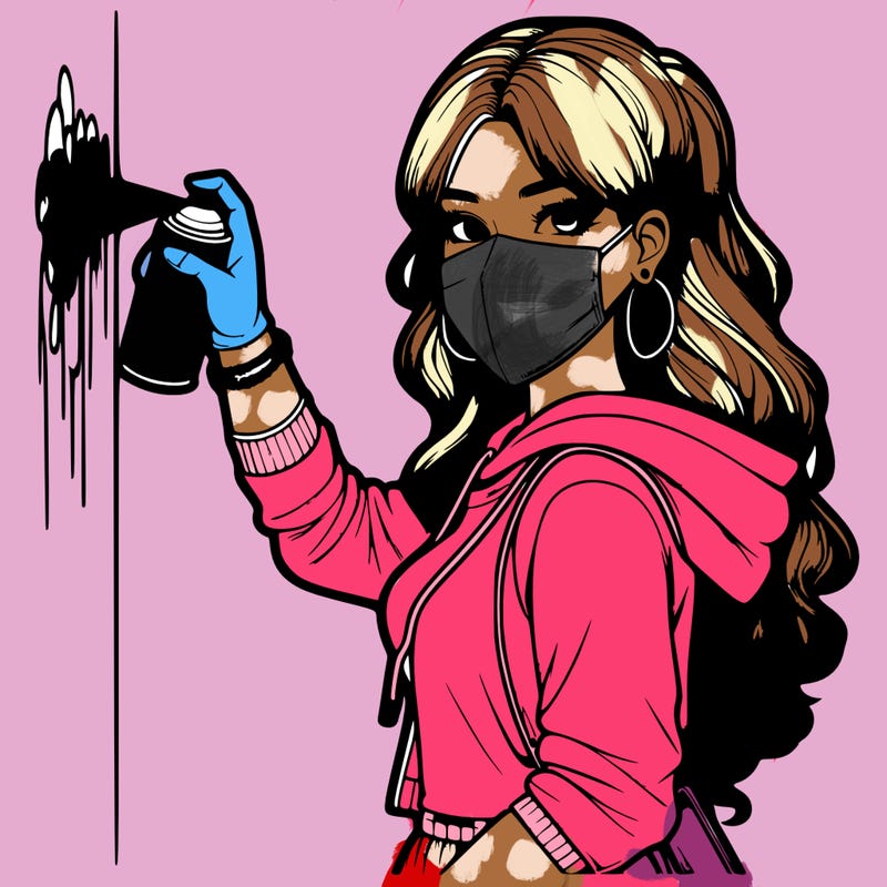 realistic girl with mask spray painting a wall
