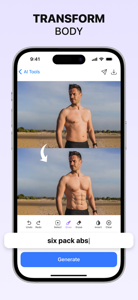 Monet AI - Fix Photo & Enhance - Interfaz de la aplicación móvil que muestra la transformación corporal con IA agregando abdominales definidos a la foto de un hombre
