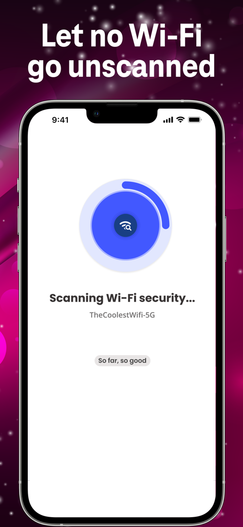 Écran d'iPhone affichant l'application McAfee Security for T-Mobile analysant un réseau Wi-Fi à la recherche de menaces de sécurité.