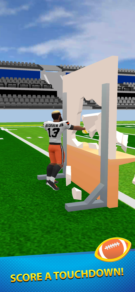 Hyper Touchdown 3D - A 3D football player character smashing through a wall on an American football field.