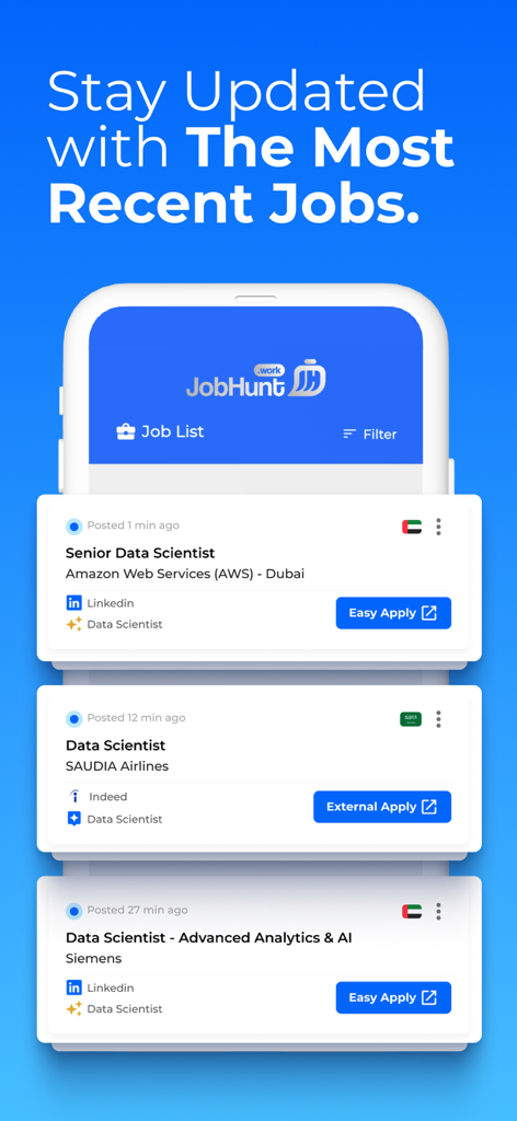 JobHunt - Job Search AI Agent - Mobile app interface of JobHunt displaying recent data scientist job openings in Dubai and Saudi Arabia with easy apply options