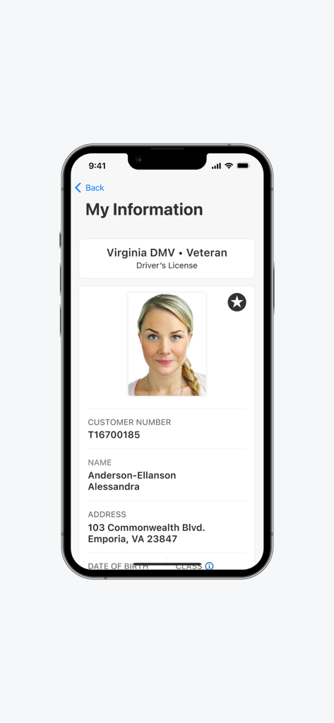 Ein Smartphone-Bildschirm, der den Abschnitt Meine Informationen der Virginia Mobile ID-App anzeigt, mit persönlichen Details und einem Profilbild.